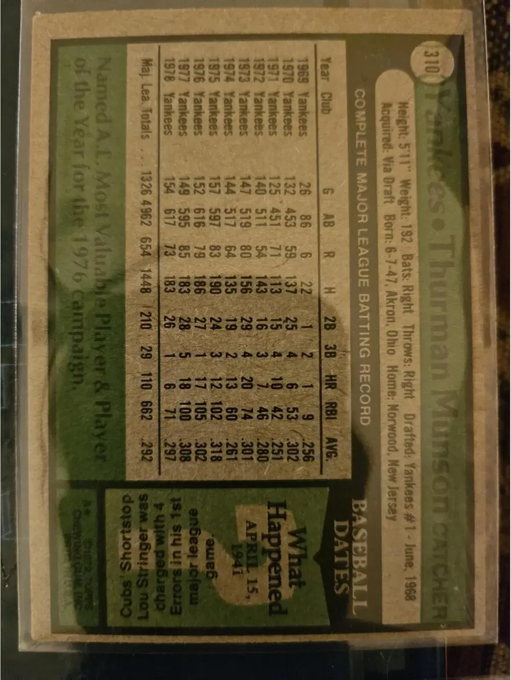 1979 Topps Baseball Card Thurman Munson #310 - excellent condition - Picture 2 of 2